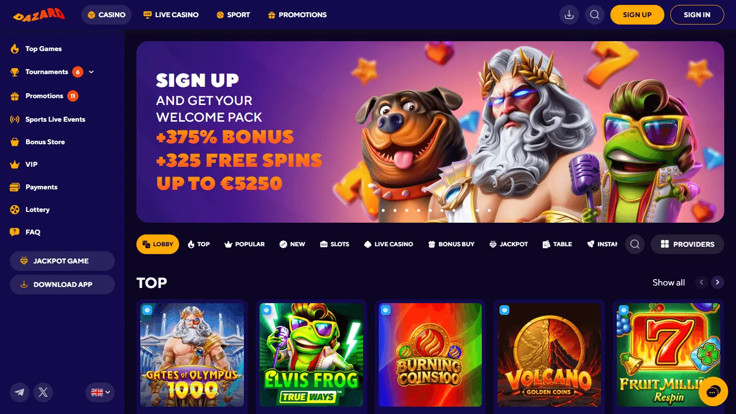 Dazard Casino desktop home area