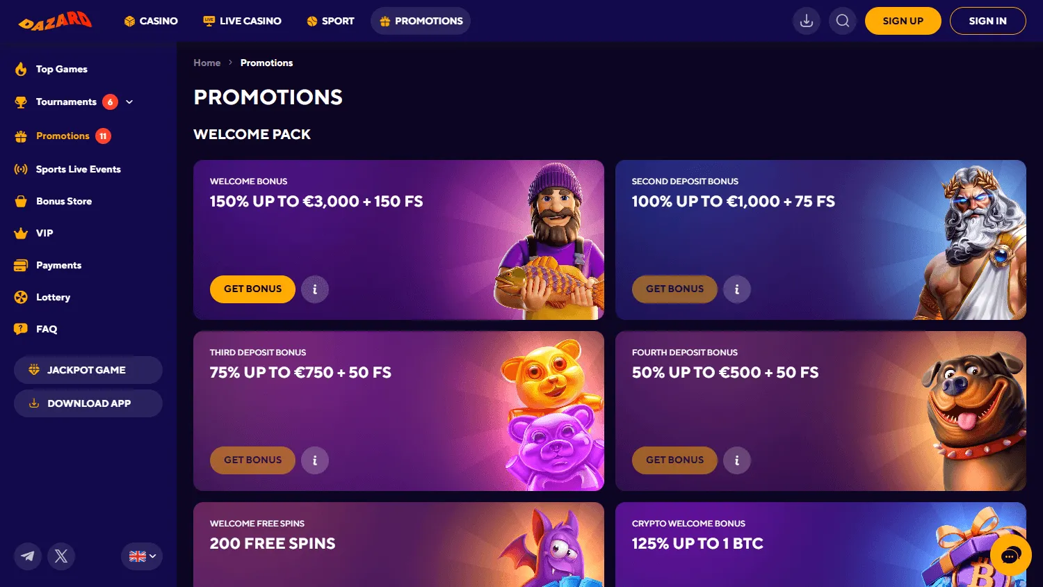 Dazard Casino desktop promotions area