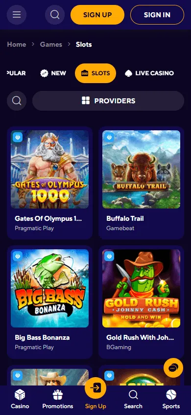 Dazard Casino mobile games area