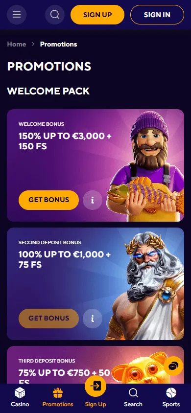 Dazard Casino mobile promotions area